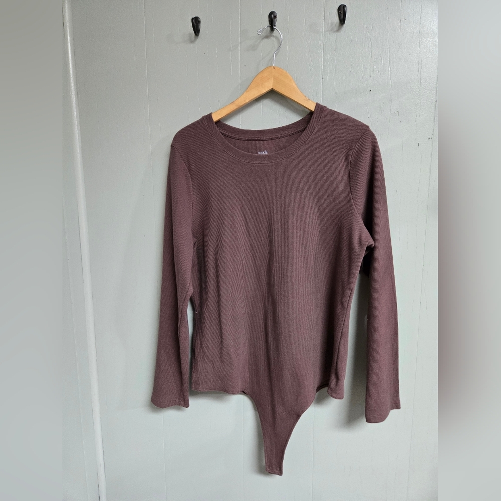 Nuuds Brown Long Sleeve Bodysuit Size XL Scoop Neck Ribbed Stretch One Piece.
